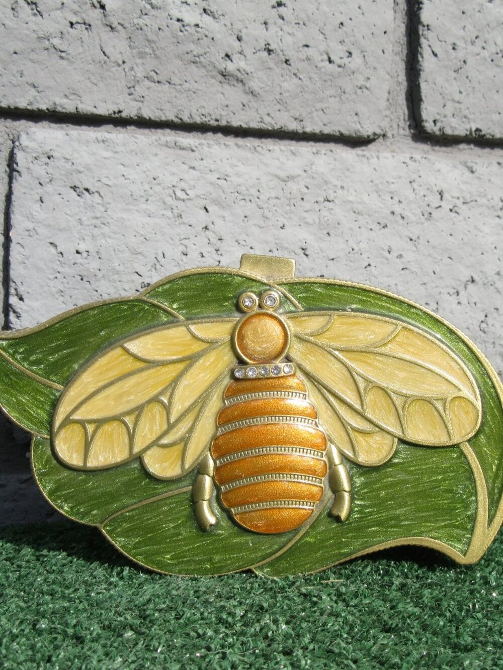 Large Metal Bee Jewelry Trinket Box Hinged Lid Rhinestones Enamel Brass